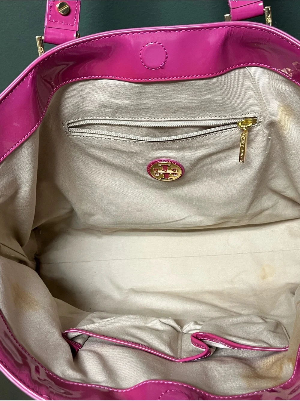 Tory Burch Natural Canvas Tote with Fuchsia Patent Trim